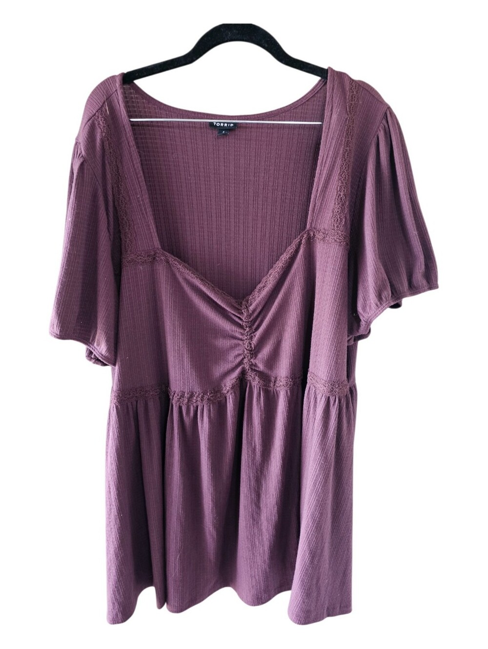 Torrid Purple Gauze Lace Trim Ruched Bust Babydoll Tunic Top Plus Size 4